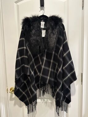 J. Crew Black & White Plaid Poncho with Faux Fur Collar